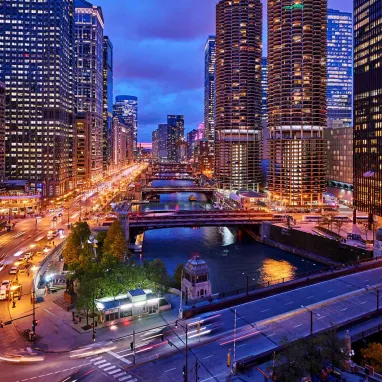 Conceptual view of night lights in downtown, Chicago.