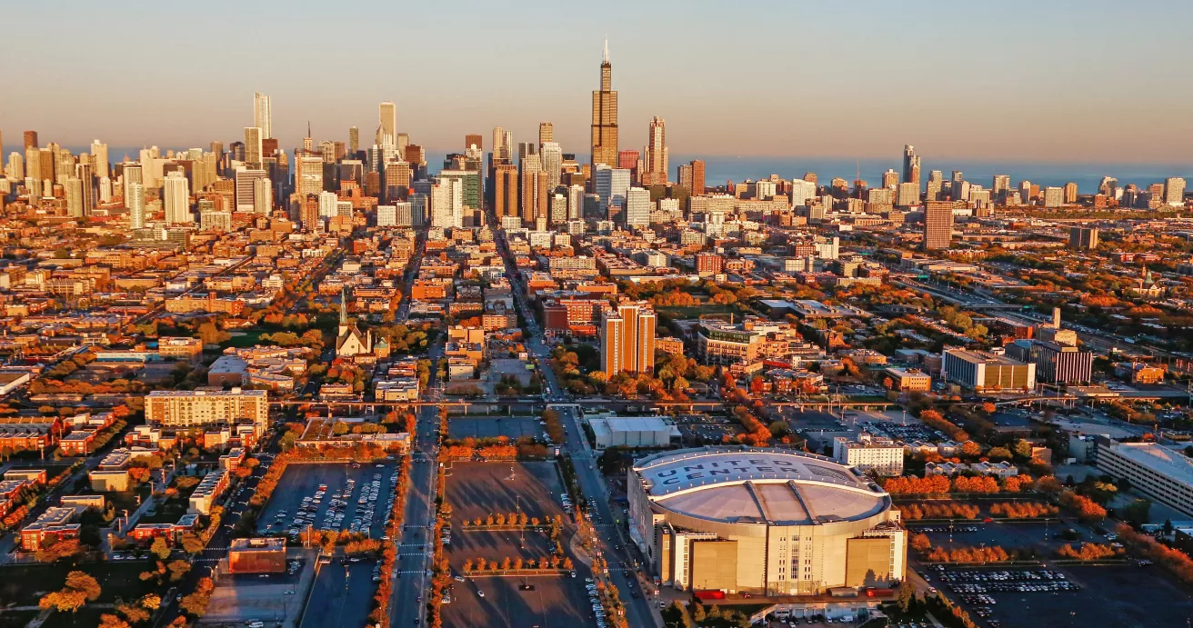 Chicago skyline viewed from above.